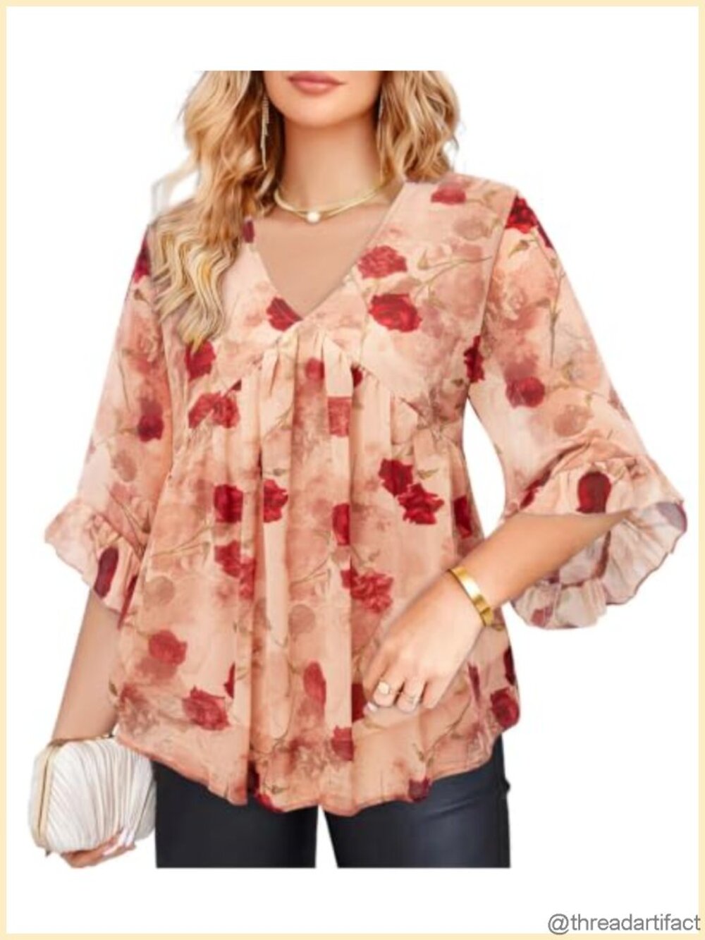 Womens Plus Size Tunic Blouse 3/4 Ruffle Sleeve V-Neck Chiffon Dressy Casual